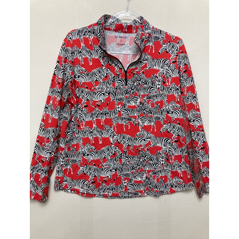 IBKUL Quarter Zip Pullover Large Red Zebra Print Long Sleeve Sun Shirt Outdoor